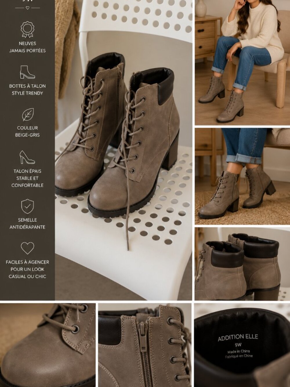 Addition Elle Lace-Up Ankle Boots – Size 9W Taupe/Grey